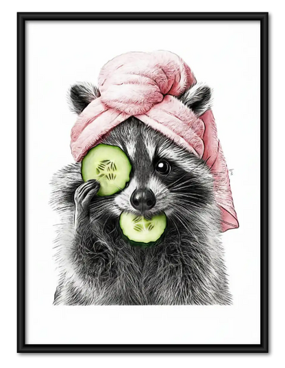 Raccoon with Pink Towel and Cucumbers Wall Art 1