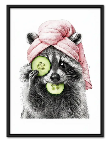 Raccoon with Pink Towel and Cucumbers Wall Art