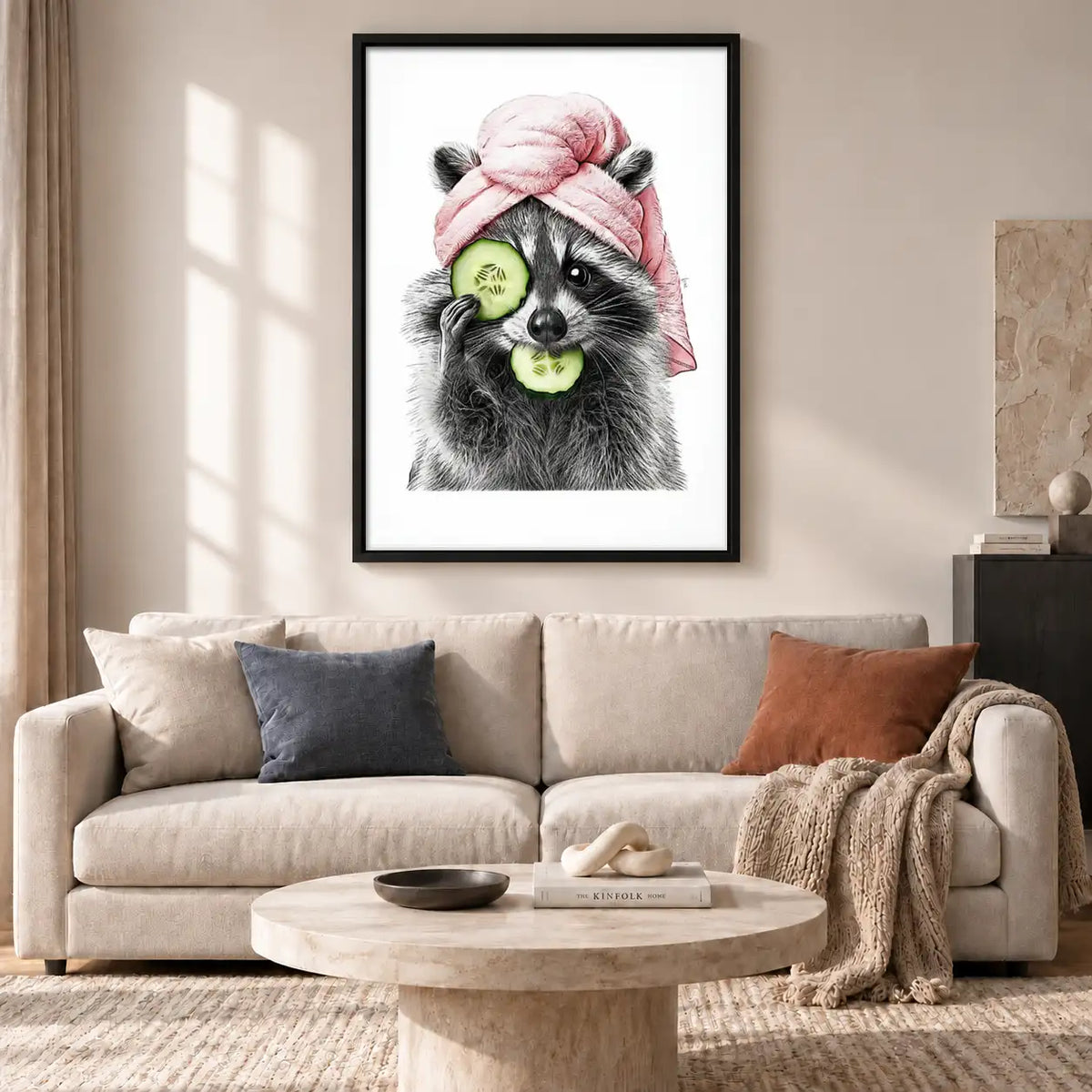 Raccoon with Pink Towel and Cucumbers Wall Art 2