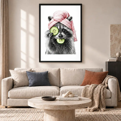Raccoon with Pink Towel and Cucumbers Wall Art 2