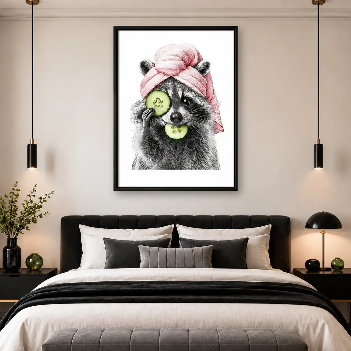 Raccoon with Pink Towel and Cucumbers Wall Art 4