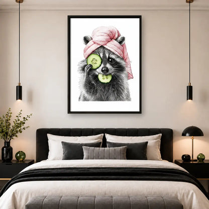 Raccoon with Pink Towel and Cucumbers Wall Art 4