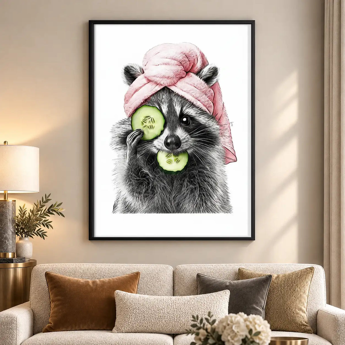 Raccoon with Pink Towel and Cucumbers Wall Art 5