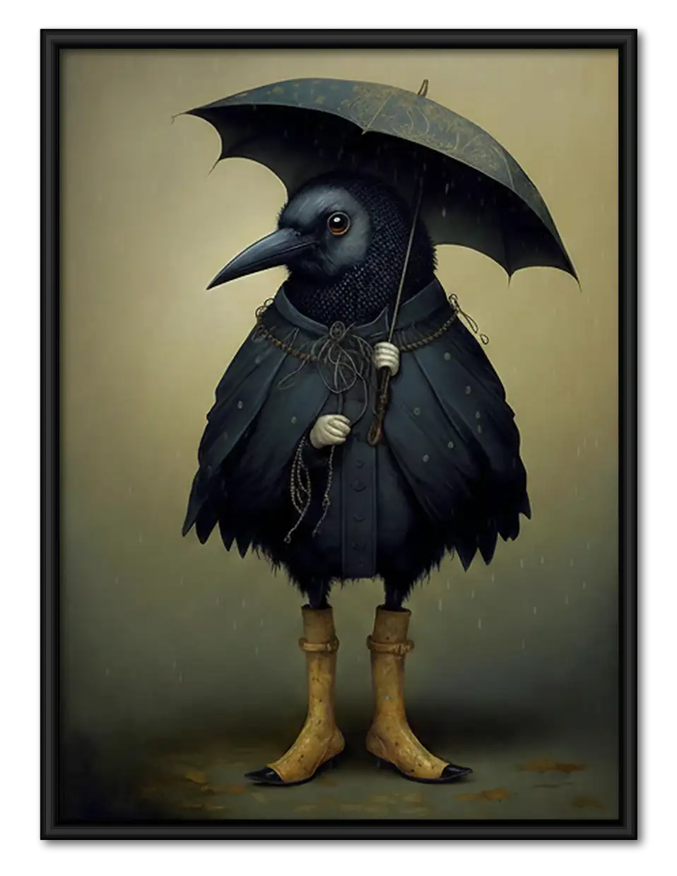Raven Wearing Rain Cape and Umbrella Wall Art 1