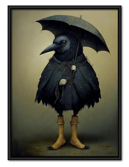 Raven Wearing Rain Cape and Umbrella Wall Art