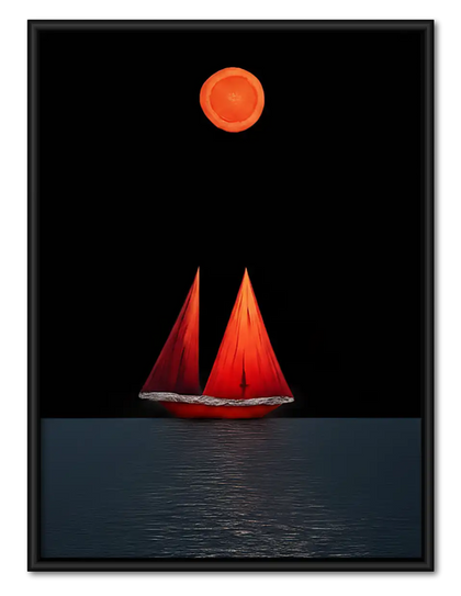 Red Sailboat Under Orange Moon Wall Art