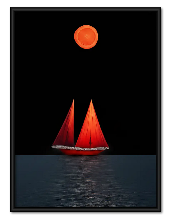 Red Sailboat Under Orange Moon Wall Art