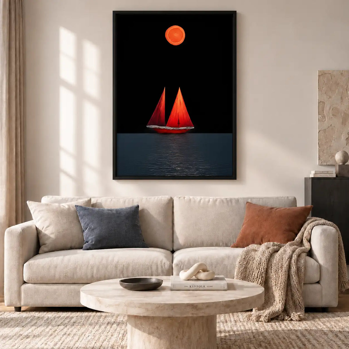 Red Sailboat Under Orange Moon Wall Art 2
