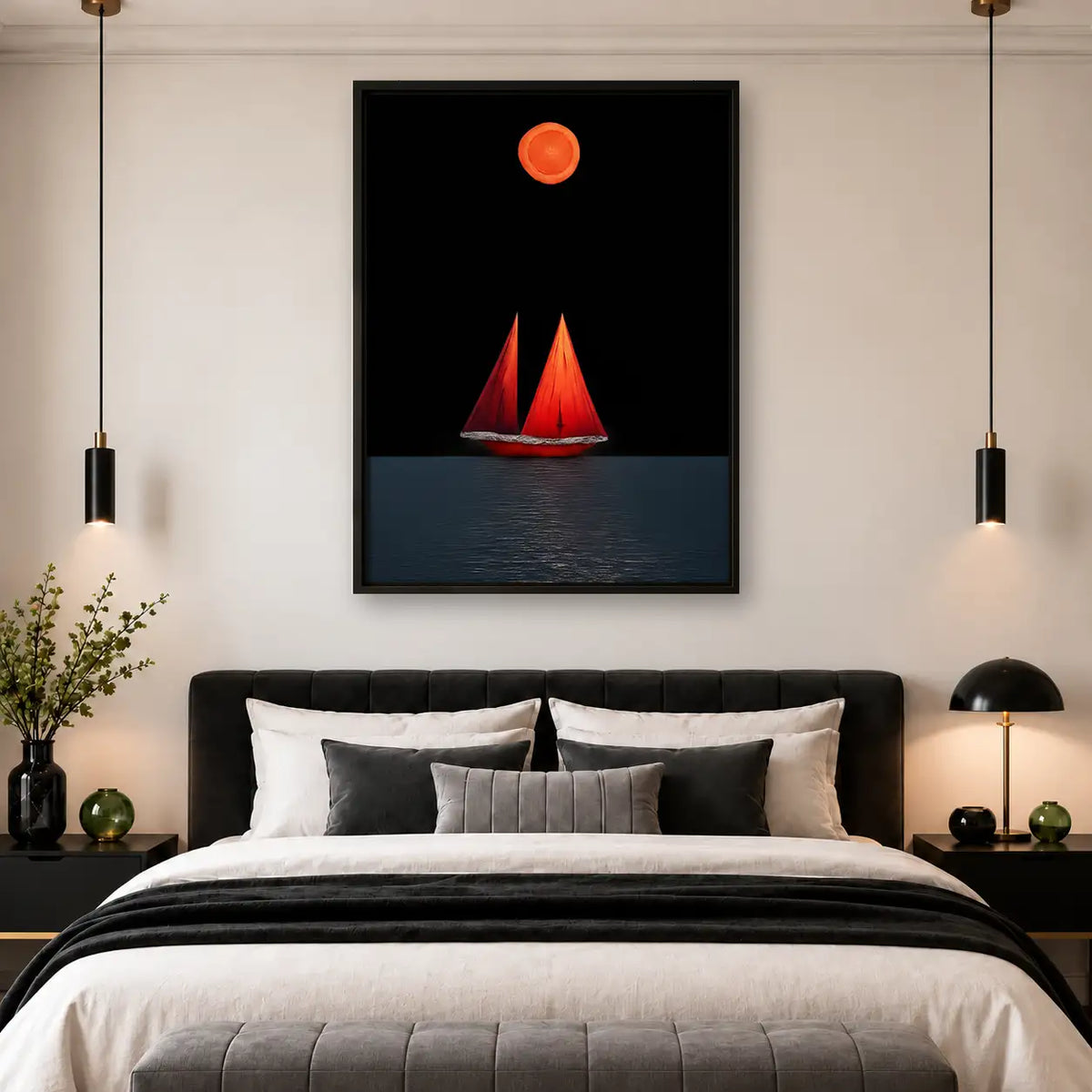 Red Sailboat Under Orange Moon Wall Art 4