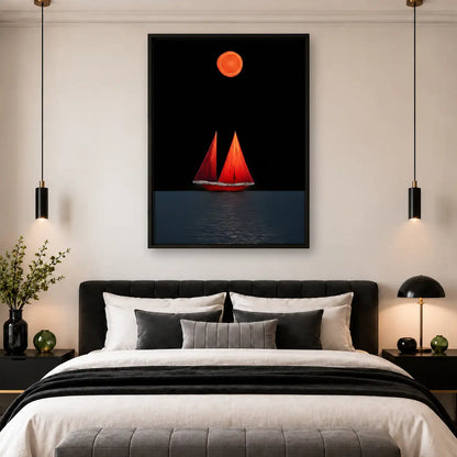 Red Sailboat Under Orange Moon Wall Art 4