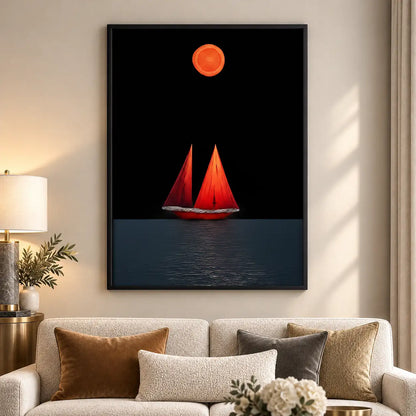Red Sailboat Under Orange Moon Wall Art 5