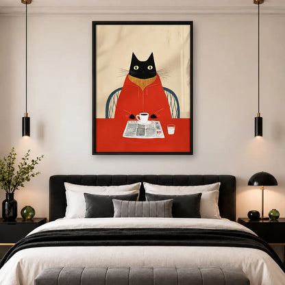 Red Sweater Cat Reading Newspaper Wall Art 4