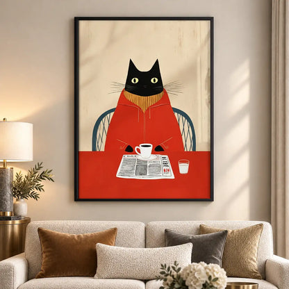 Red Sweater Cat Reading Newspaper Wall Art 5