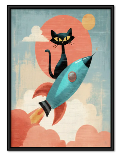 Retro Black Cat Riding Rocket Wall Art 1