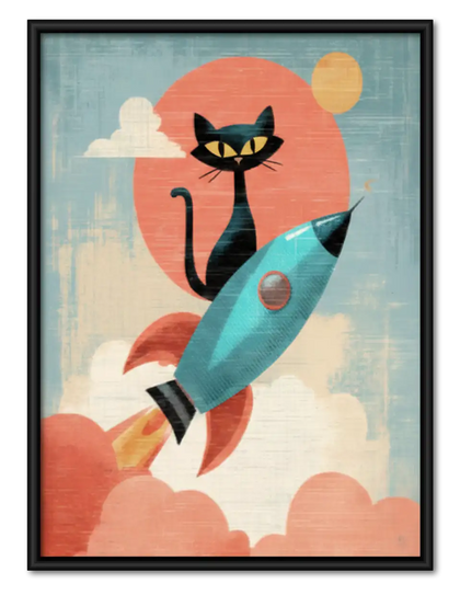 Retro Black Cat Riding Rocket Wall Art