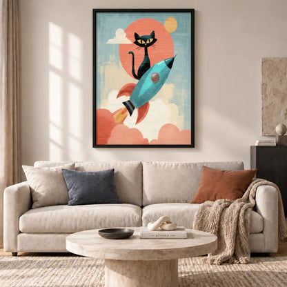 Retro Black Cat Riding Rocket Wall Art 2