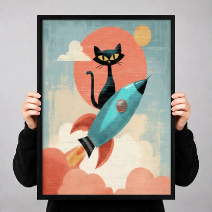 Retro Black Cat Riding Rocket Wall Art 3