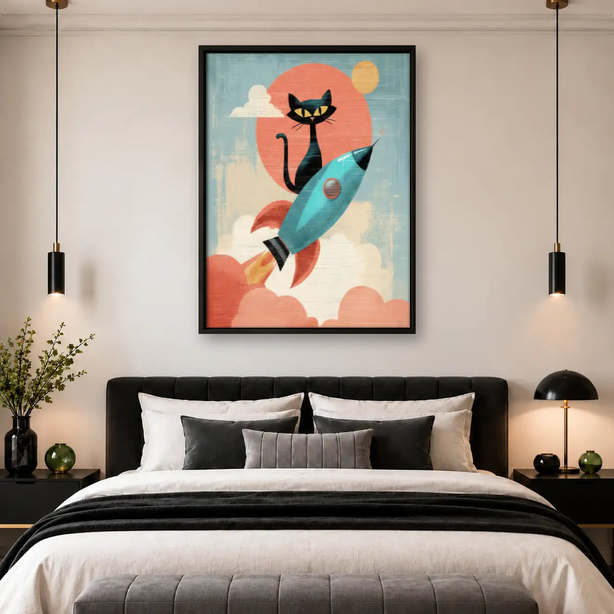 Retro Black Cat Riding Rocket Wall Art 4