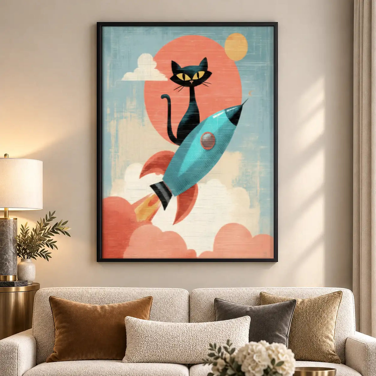 Retro Black Cat Riding Rocket Wall Art 5