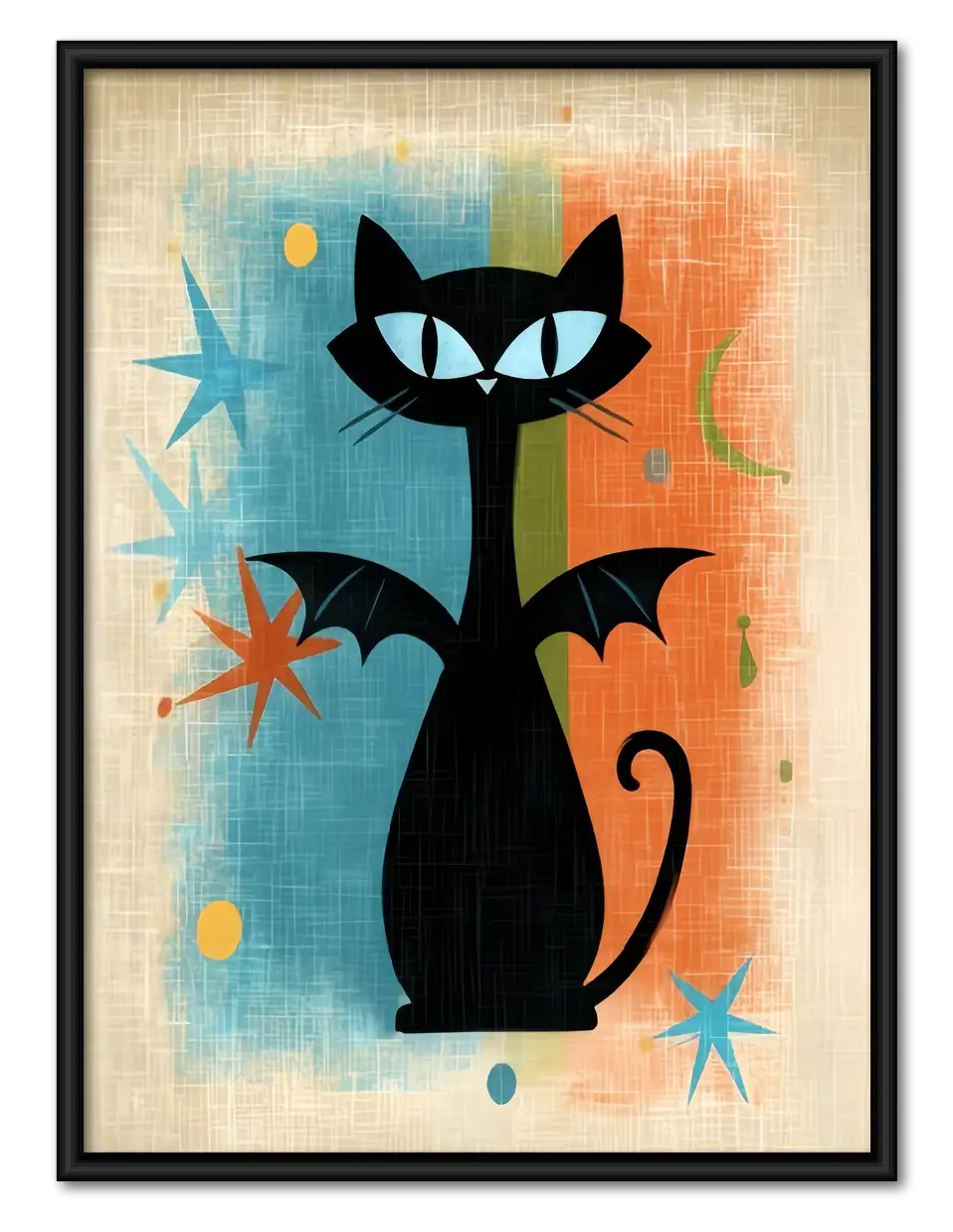 Retro Black Cat with Blue Stars Wall Art 1
