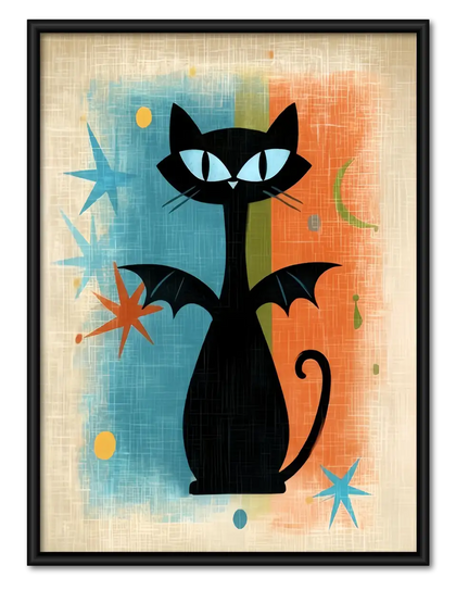 Retro Black Cat with Blue Stars Wall Art