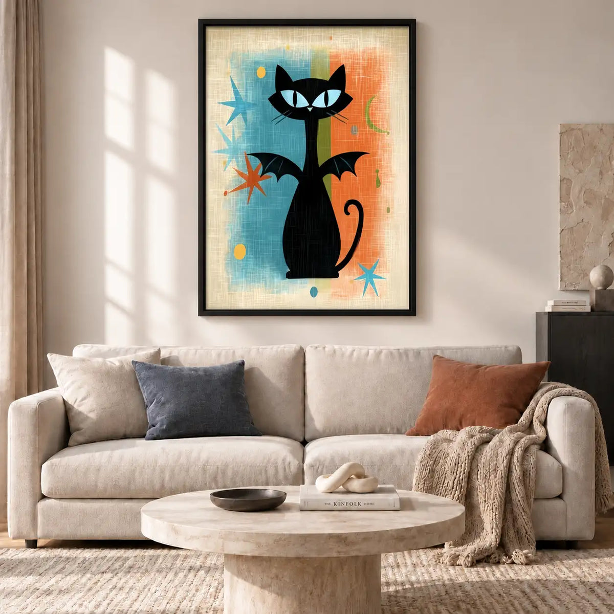 Retro Black Cat with Blue Stars Wall Art 2