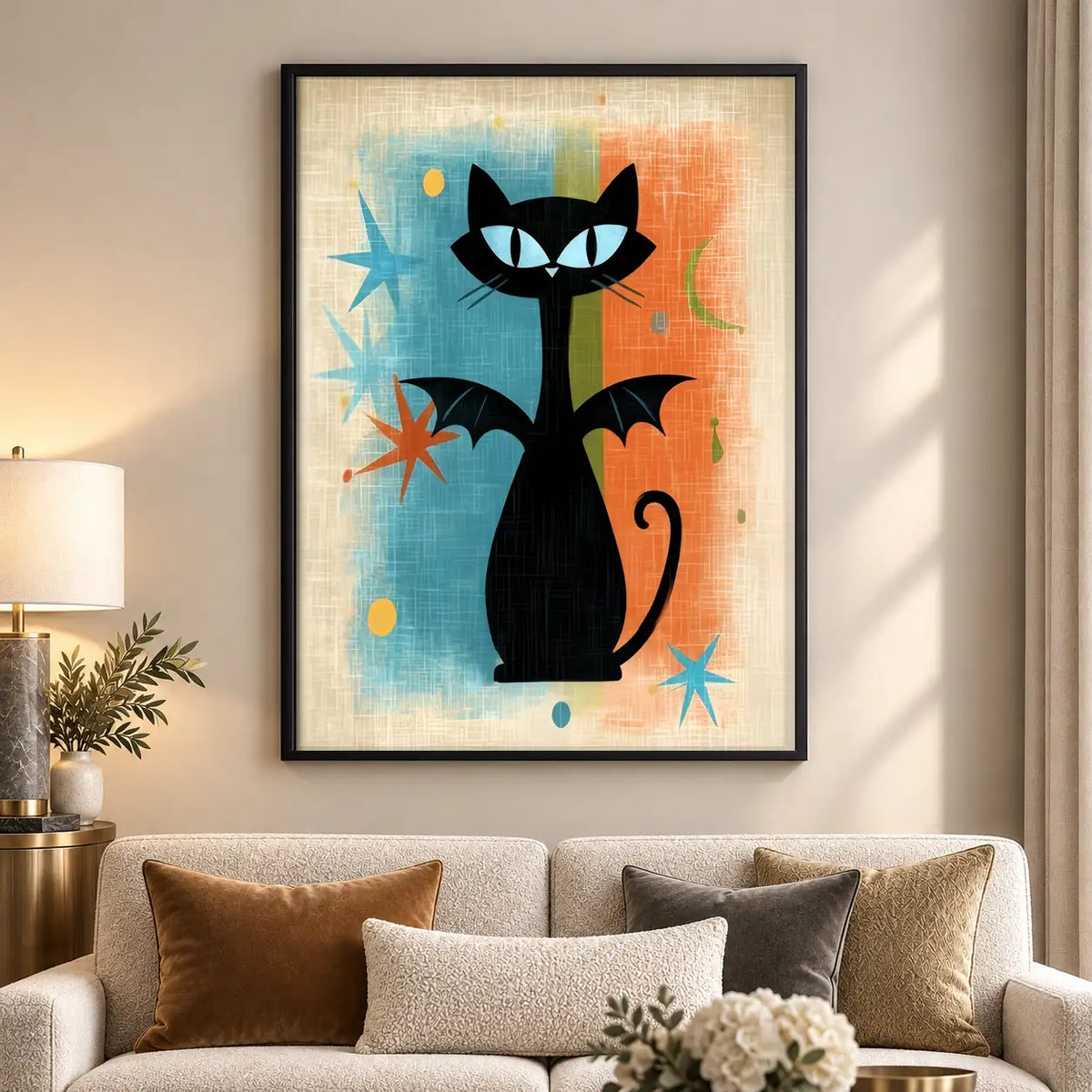Retro Black Cat with Blue Stars Wall Art 5