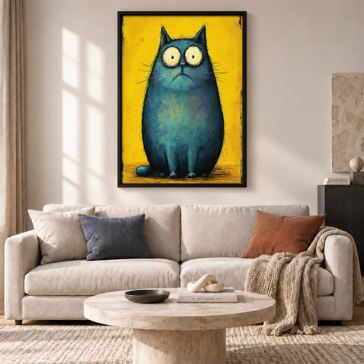 Round Blue Owl on Yellow Wall Art 2