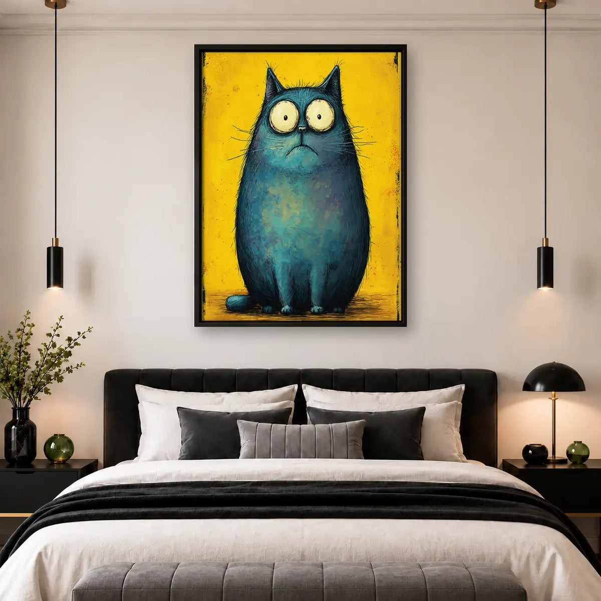 Round Blue Owl on Yellow Wall Art 4