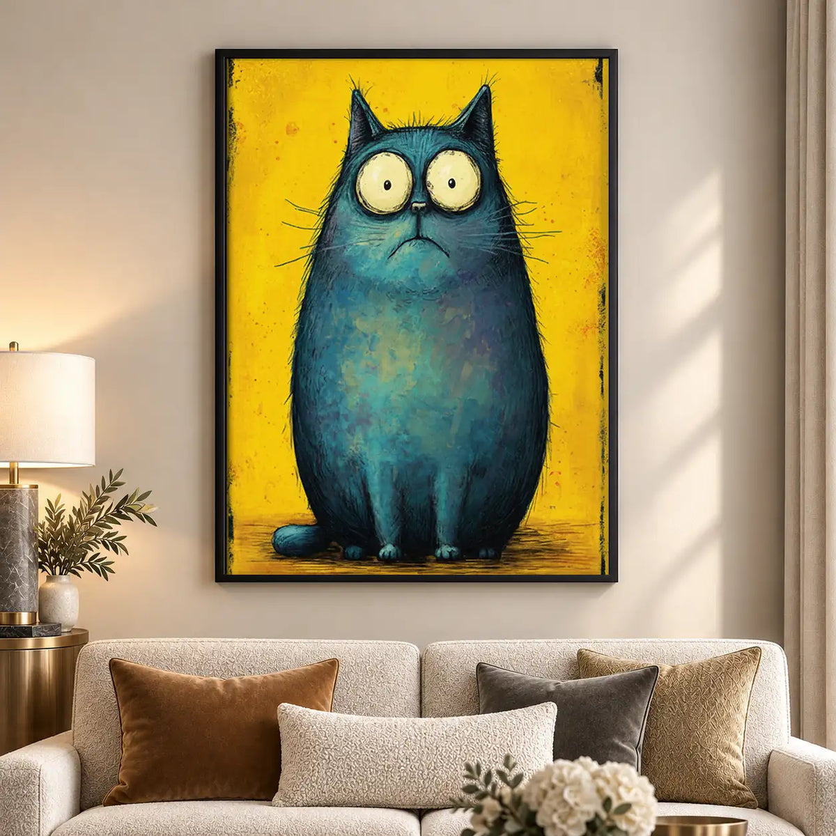 Round Blue Owl on Yellow Wall Art 5