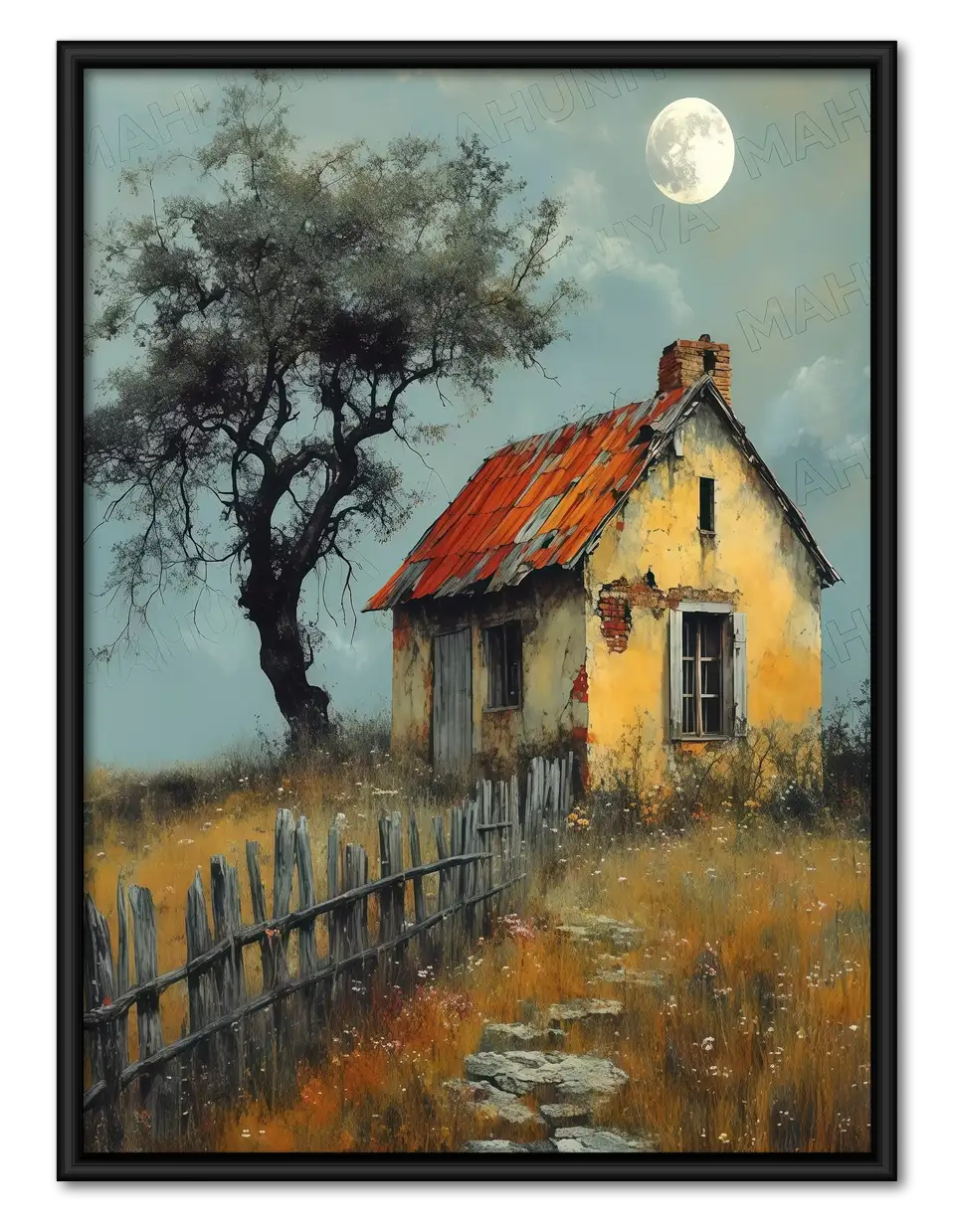 Rustic Cottage Beneath Moonlit Tree Wall Art 1