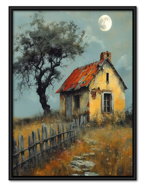 Rustic Cottage Beneath Moonlit Tree Wall Art