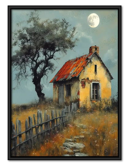 Rustic Cottage Beneath Moonlit Tree Wall Art