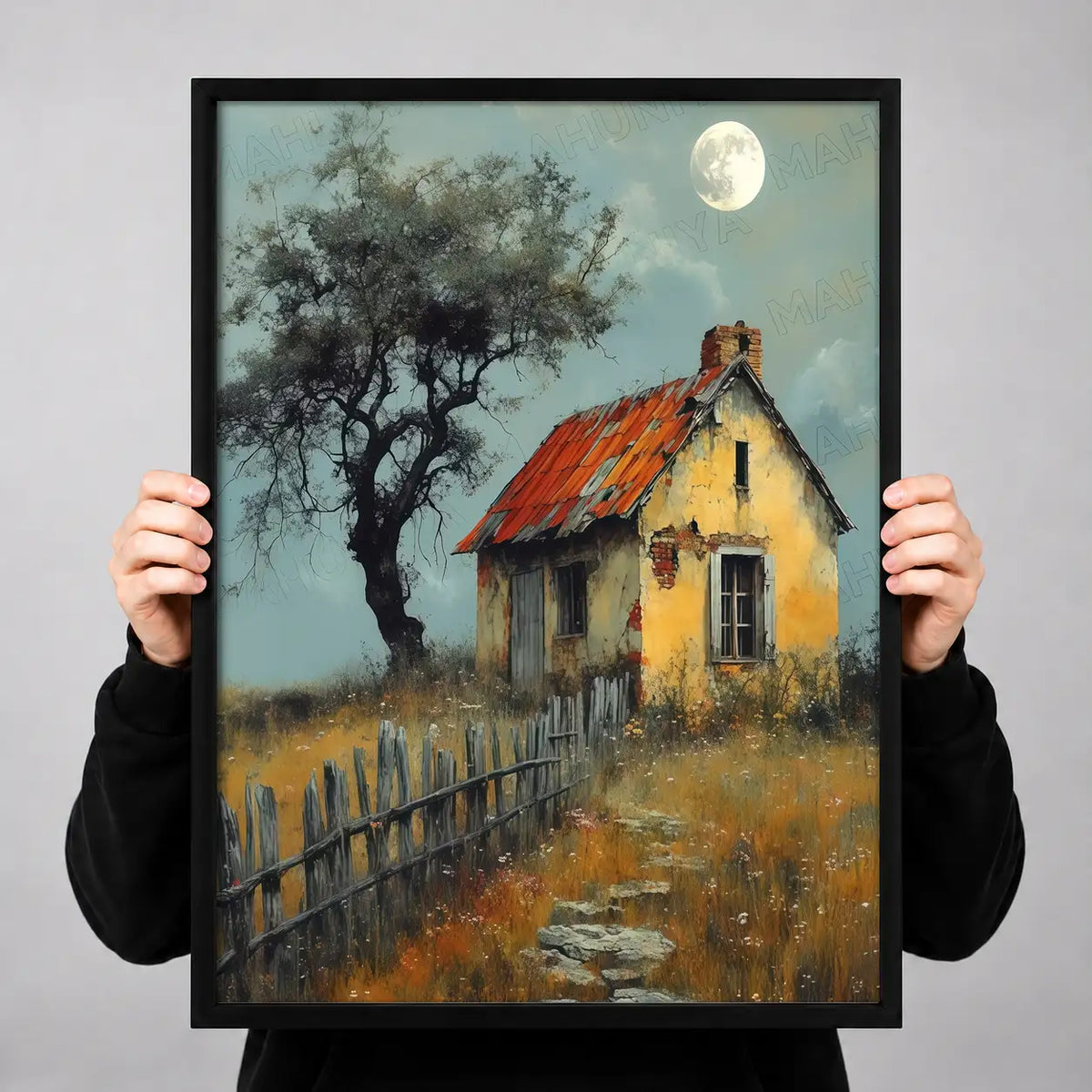 Rustic Cottage Beneath Moonlit Tree Wall Art 3