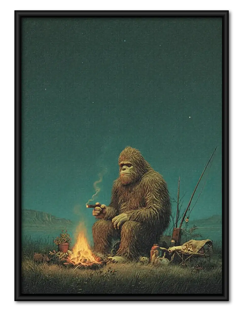 Sasquatch Camping by Fire Wall Art 1