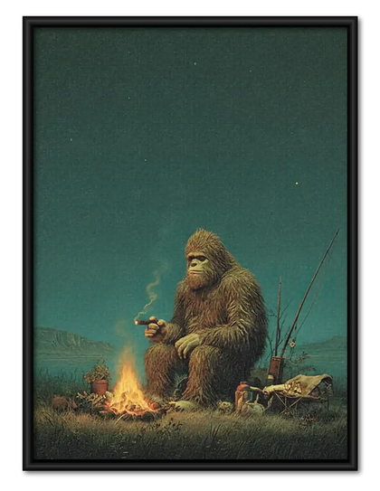 Sasquatch Camping by Fire Wall Art