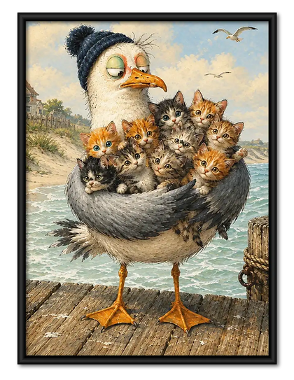 Seagull Carrying Basket of Kittens Wall Art