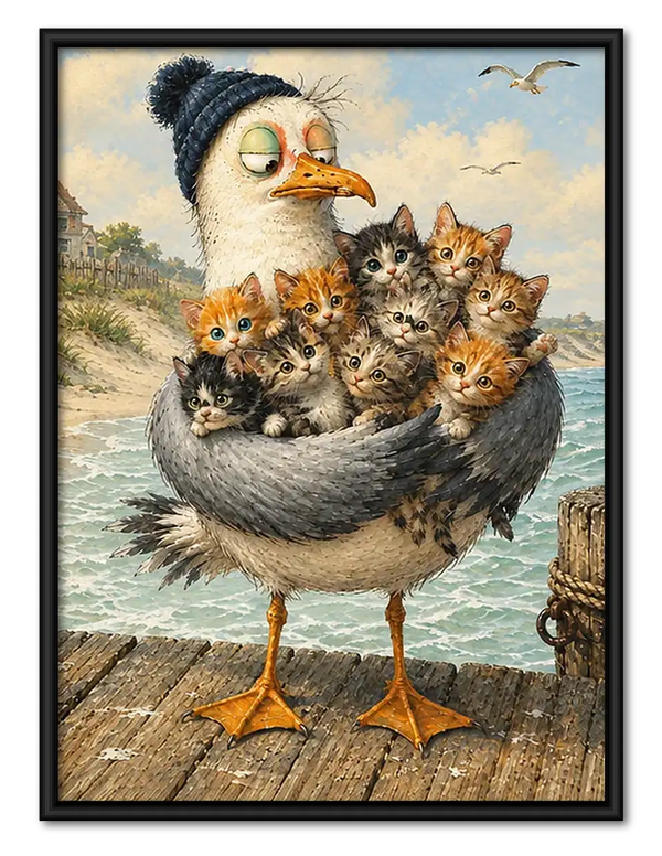 Seagull Carrying Basket of Kittens Wall Art