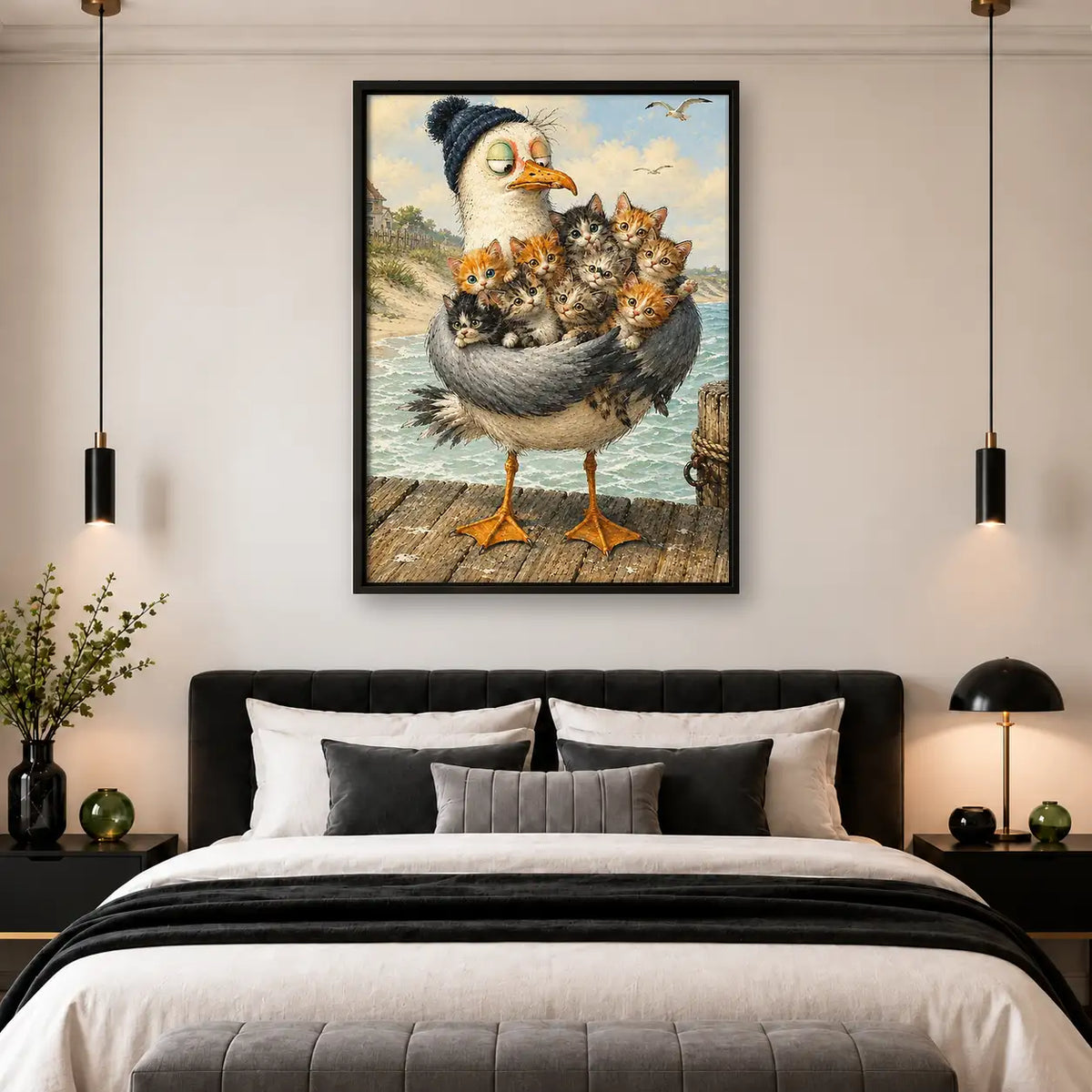 Seagull Carrying Basket of Kittens Wall Art 4