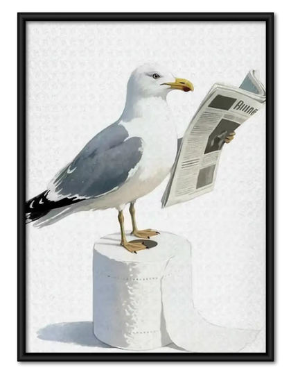 Seagull Reading Newspaper on Toilet Wall Art
