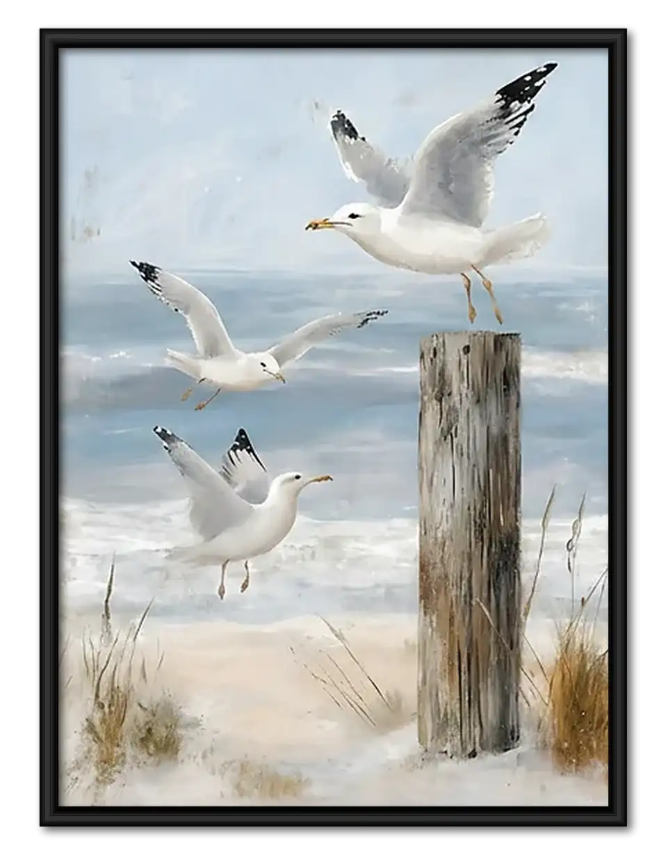 Seagulls Flying Over Coastal Posts Wall Art 1