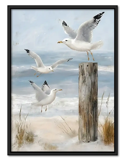 Seagulls Flying Over Coastal Posts Wall Art