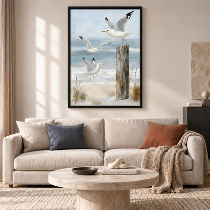 Seagulls Flying Over Coastal Posts Wall Art 2