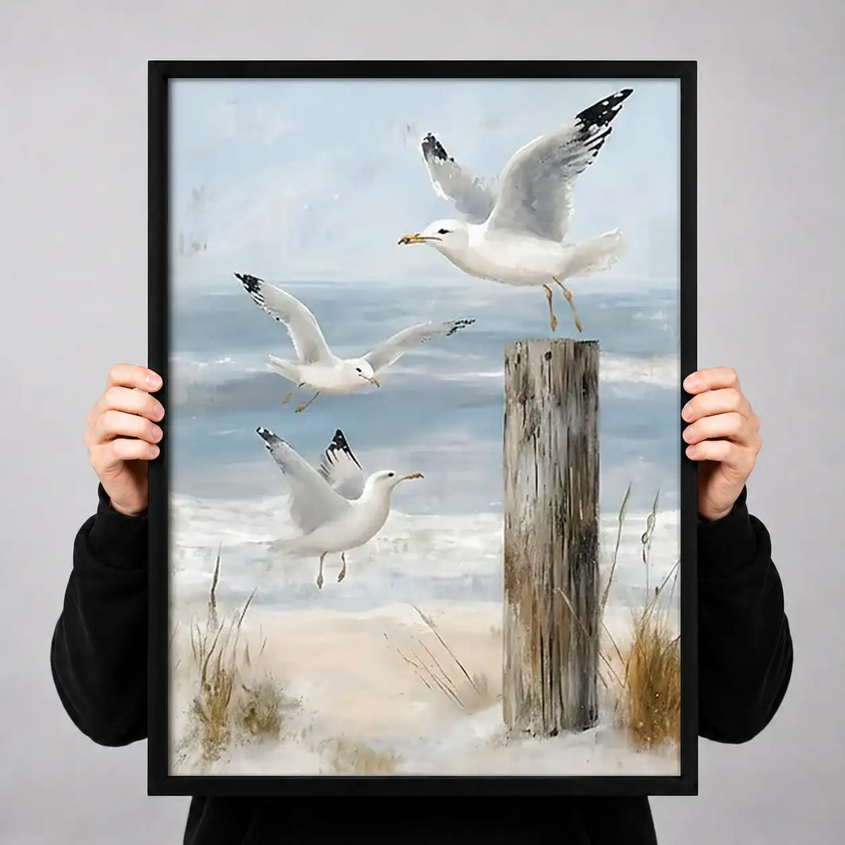 Seagulls Flying Over Coastal Posts Wall Art 3