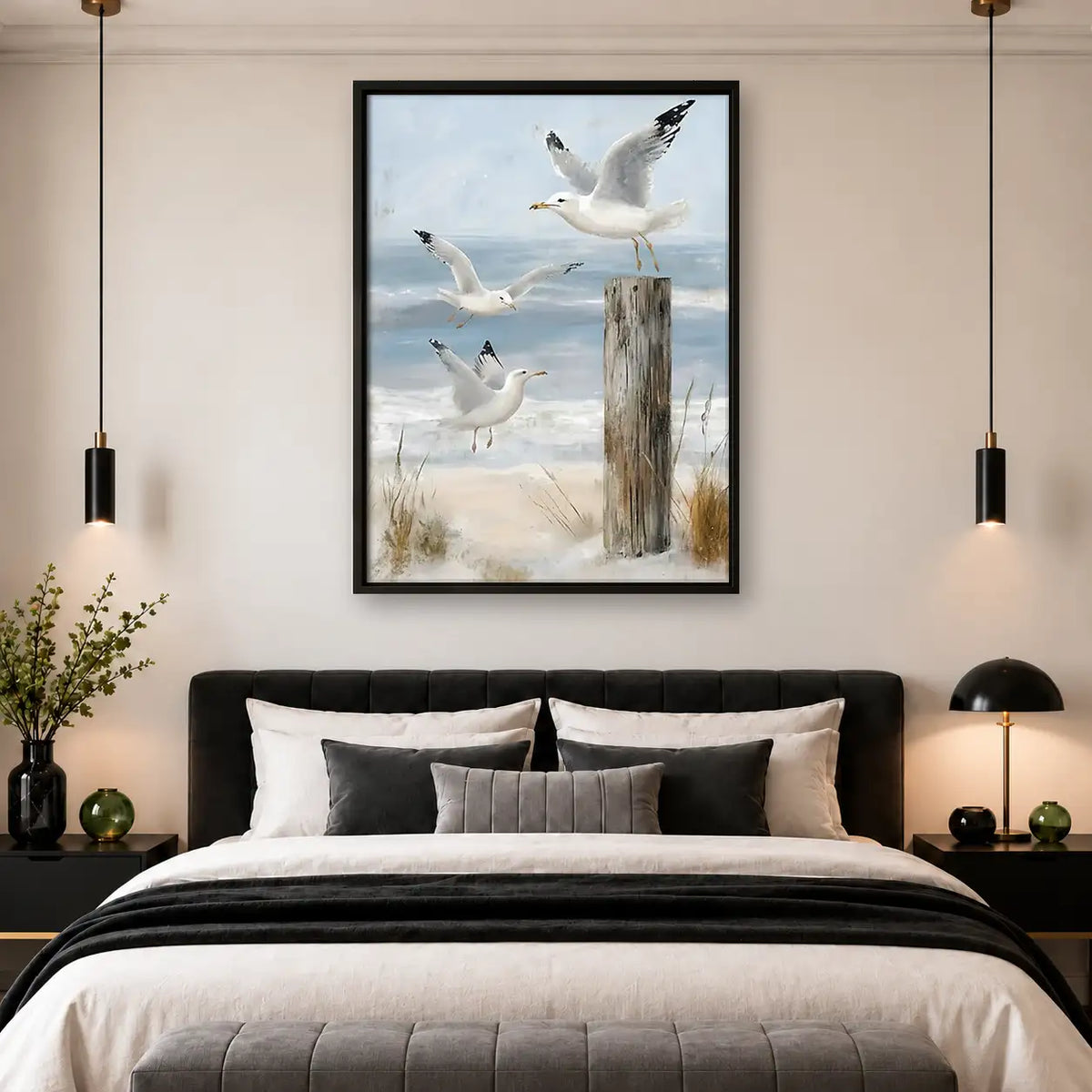 Seagulls Flying Over Coastal Posts Wall Art 4