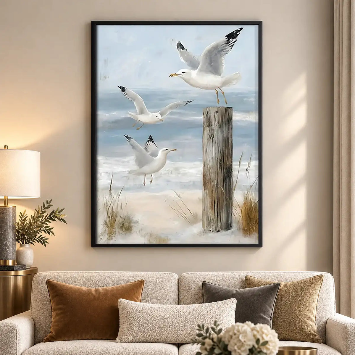 Seagulls Flying Over Coastal Posts Wall Art 5