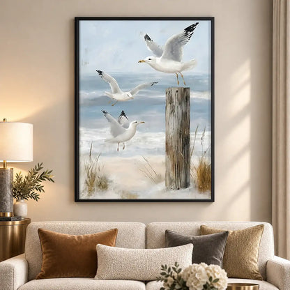 Seagulls Flying Over Coastal Posts Wall Art 5