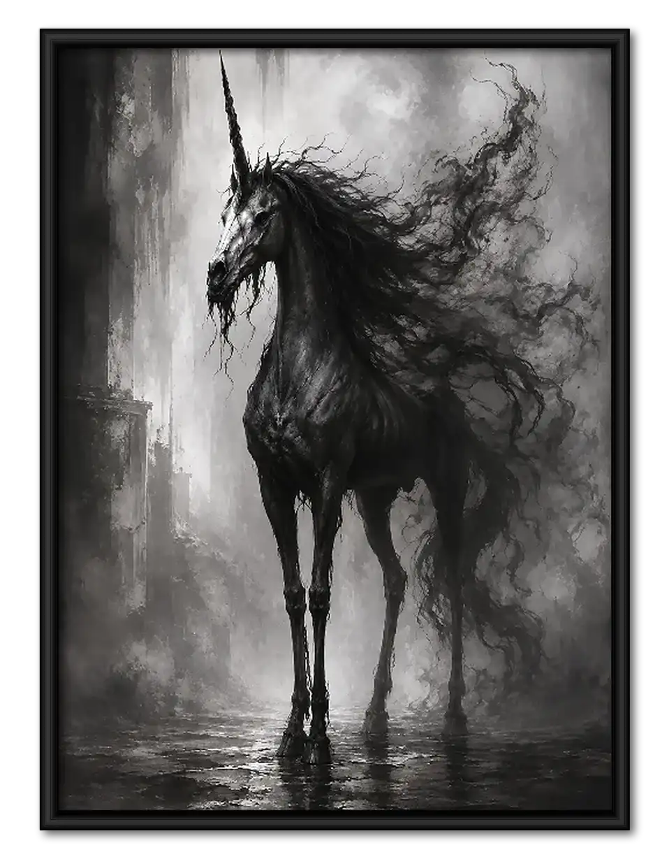 Shadowy Black Horse in Mist Wall Art 1