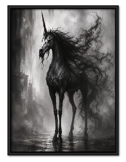 Shadowy Black Horse in Mist Wall Art