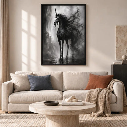 Shadowy Black Horse in Mist Wall Art 2